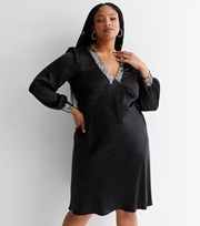 New Look Curves Black Satin V Neck Long Sleeve Sequin Trim Mini Dress